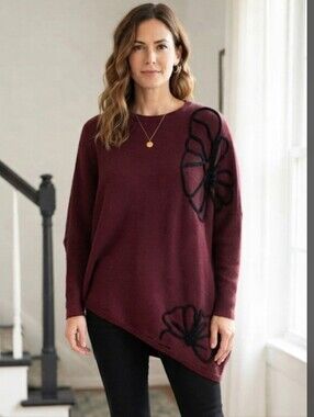 DR2 Maroon Asymmetrical Sweater With Embroidered Flowers
